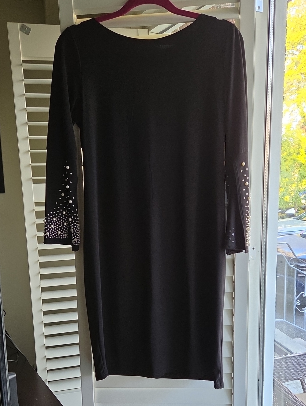 Tiana B. Black Long Sleeve Midi Dress with Pearl Sleeve Accents